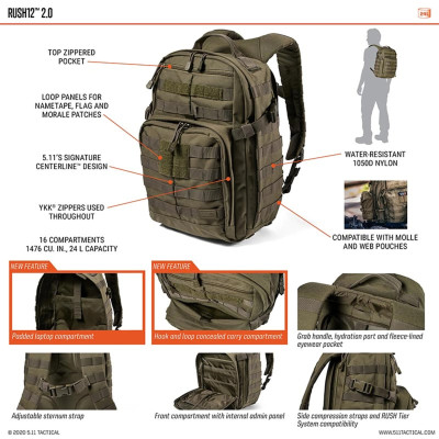 Sac à dos Rush 12 2.0 multicam 5.11 Tactical ADAROM face